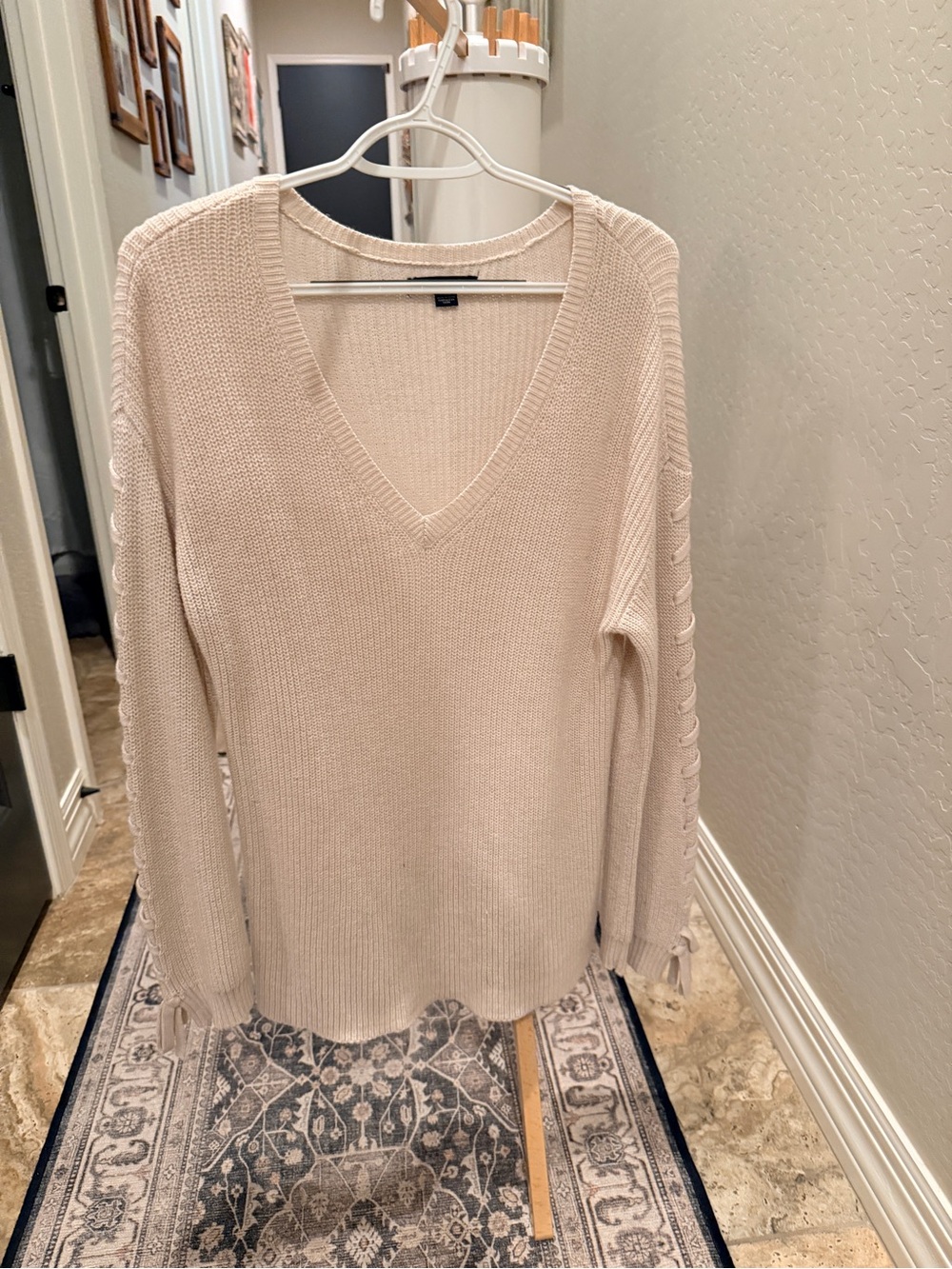 American Eagle Outfitters Cream V-Neck Sweater with Cable Sleeve Detail